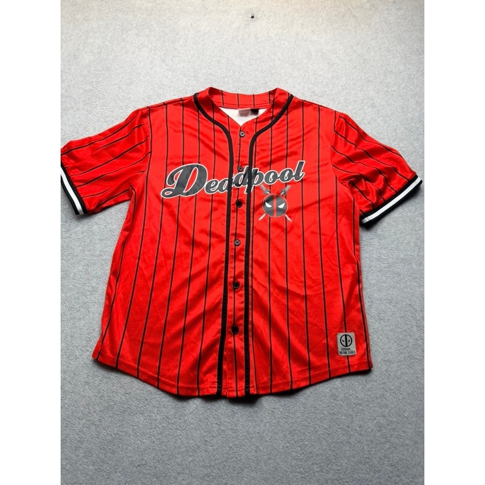 Marvel Deadpool Baseball Jersey Mens Medium Red Black Pinstripe Button Up Shirt